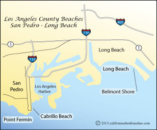 map of San Pedro and Long Beach area beaches, Los Angeles County, CA