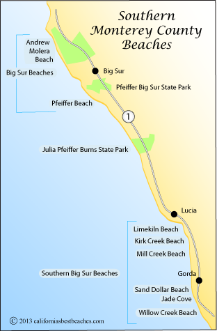 map of Southern Monterey County beaches,  CA