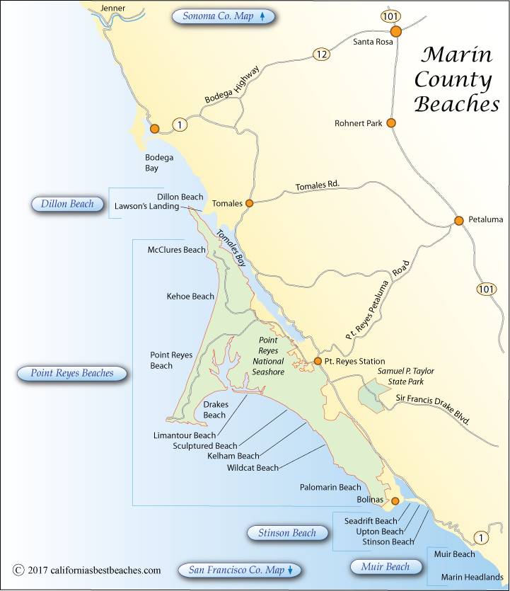 Map of beachs in Marin County, CA