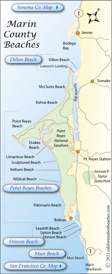 map showing beaches in Marin County, California