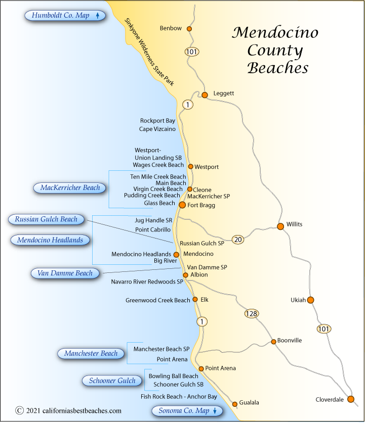 Map of beaches in Mendocino County, CA