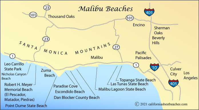 map of beaches in Malibu, Los Angeles County, California