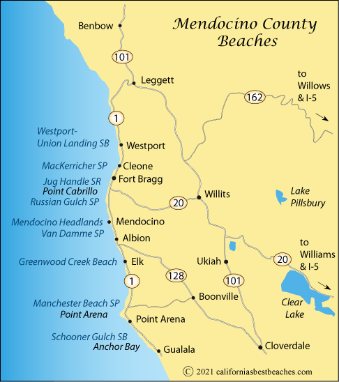 Map showing Mendocino County beaches, CA