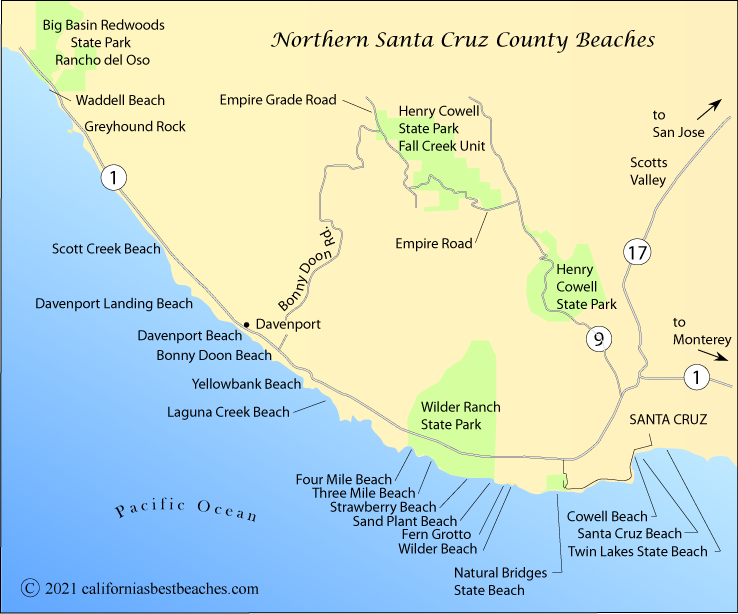 Map showing area around Natural Bridges Beach and  Natural Bridges Beach, Santa Cruz County, CA