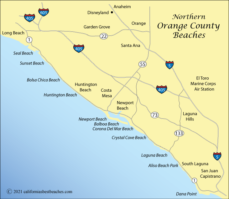 map of beaches in northern Orange County, California