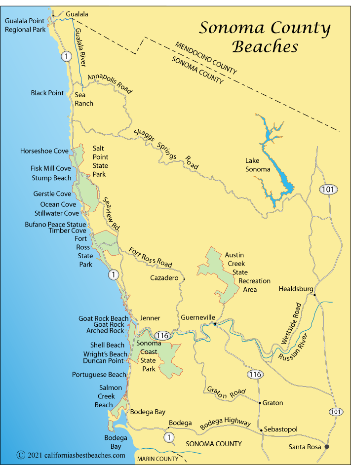 Map of Sonoma County coast beaches, CA