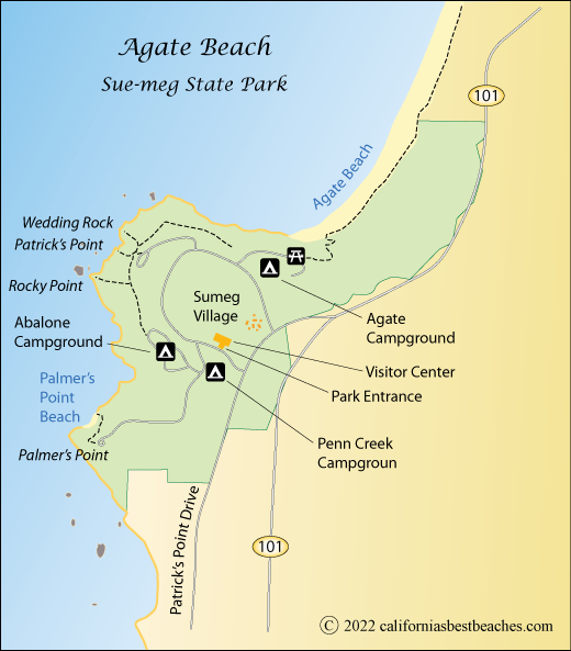 map of Agatge Beach at Patrick's Point State Park, CA