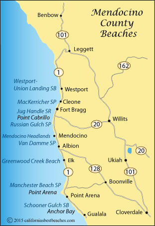 Map showing Mendocino County beaches, CA