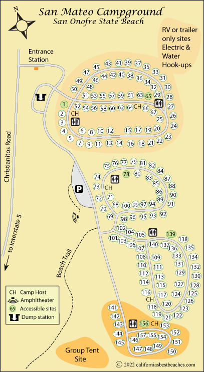 map of San Mateo Campground at San Onofre State Beach, CA