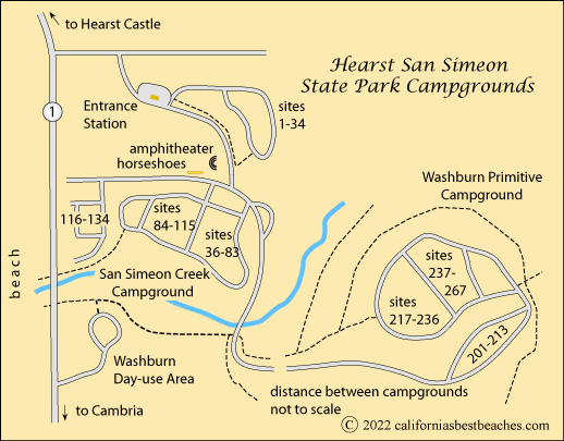 map of Hearst San Simeon State Park campgrounds, San Luis Obispo County, CA