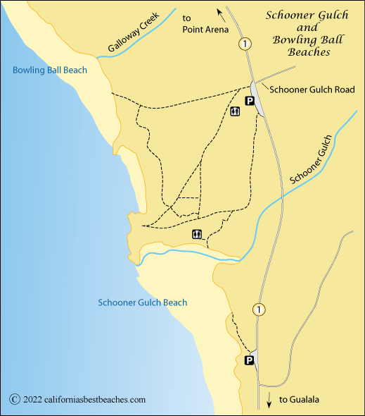 map of Schooner Gulch Beach and Bowling Ball Beach, Mendocino County, CA