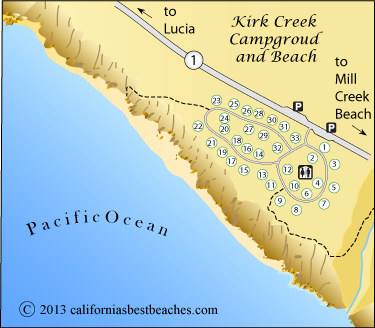 Kirk Creek Campground and Beach map, Big Sur, Monterey County, CA