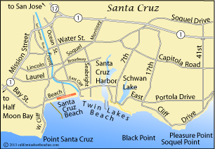 Map showing area around Santa Cruz Beach and  Twin Lakes Beach, Santa Cruz County, CA