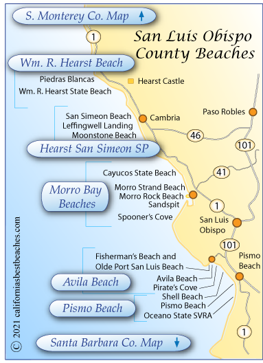 map showing beaches along the San Luis Obispo County Coast, California