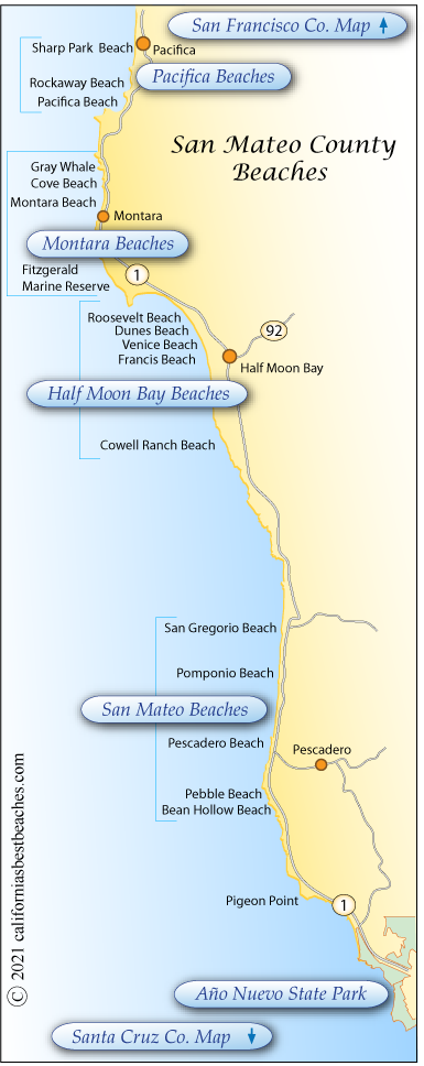 map showing beaches in San Mateo County, California