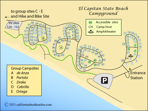 map of El Capitan State Beach campground, Santa Barbara County, CA