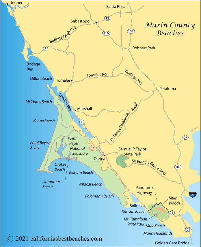 Map of Marin County Beaches, CA